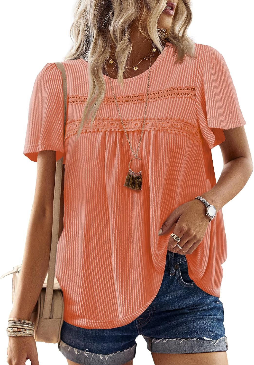 Women's Boho Ribbed Short Sleeve Top - Crochet Lace Trim, Flowy Loose Fit in Sizes XS to 5XL - Black (18)