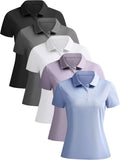 Women's Polo Shirts 5 Pack - Three Button Placket, Moisture Wicking Quick Dry Knit for Golf and Work - Small