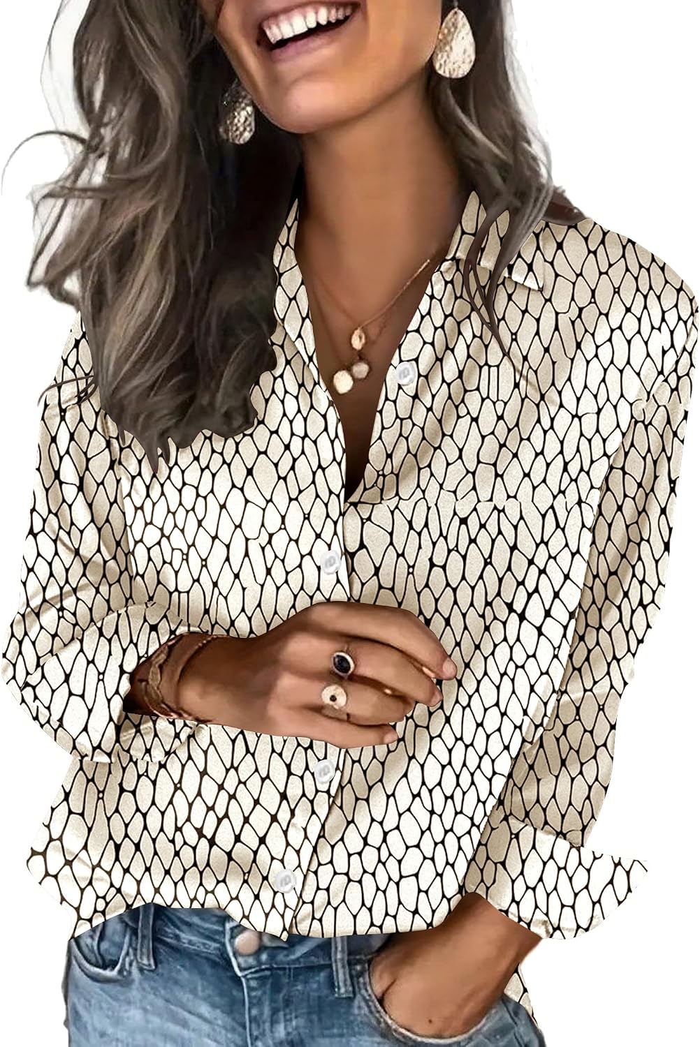 Women's Satin Button Down Blouse - Long Sleeves, Silky Drape, Business Casual Shirt for the Office - Light Tan