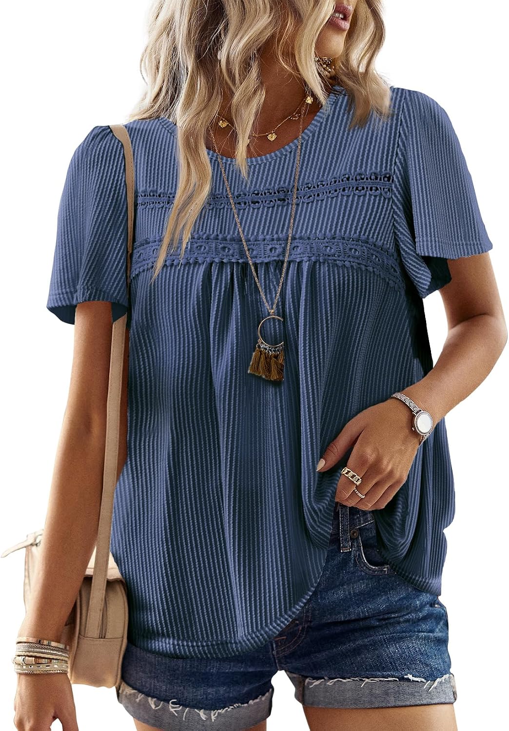 Women's Boho Ribbed Short Sleeve Top - Crochet Lace Trim, Flowy Loose Fit in Sizes XS to 5XL - Black