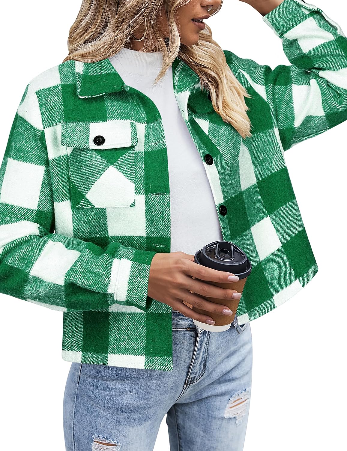 Women's Cropped Plaid Flannel Shacket - Button Down Shirt Jacket for Fall and Winter Layering - XX-Large