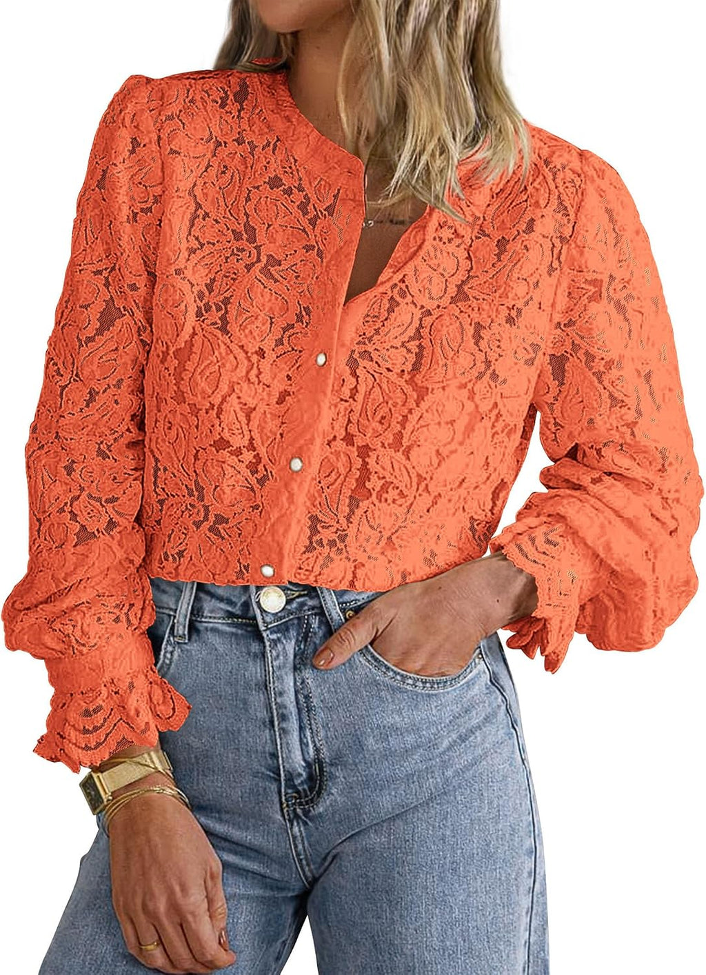 Women's Lace Button Down Blouse - Long Sleeves, Sheer Panels, Dressy Casual Top for Date Night and Travel - Medium