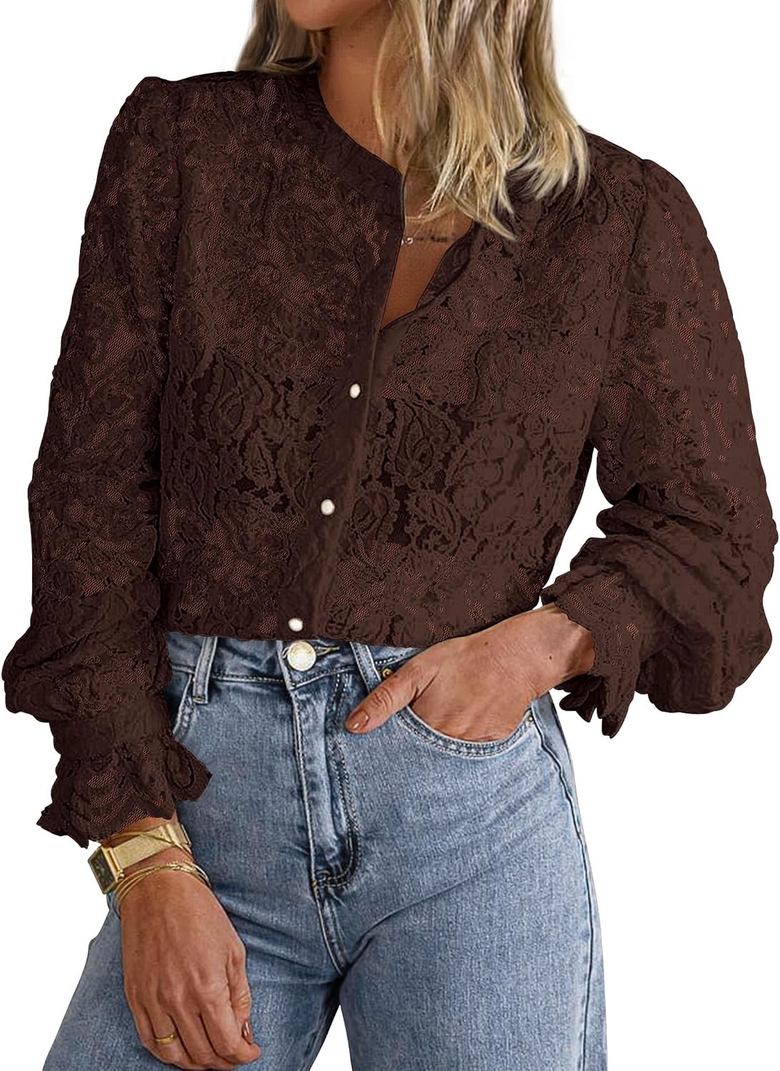 Women's Lace Button Down Blouse - Long Sleeves, Sheer Panels, Dressy Casual Top for Date Night and Travel - Medium