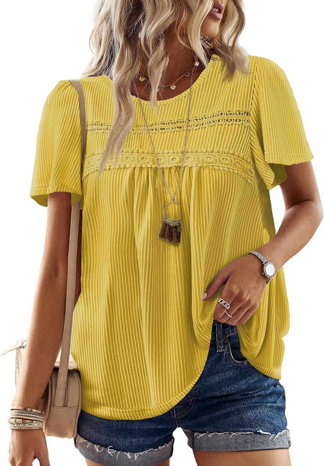 Women's Boho Ribbed Short Sleeve Top - Crochet Lace Trim, Flowy Loose Fit in Sizes XS to 5XL - Apricot