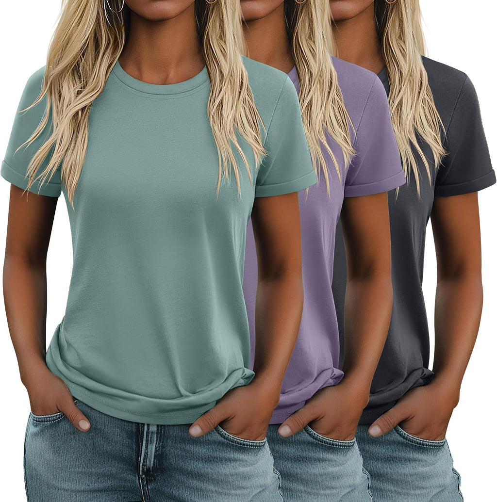 Women's Cotton Basic Tees 3 Pack - Crew Neck, Loose Fit Short Sleeve Tops for Daily and Gym Wear - Black, White, Gray