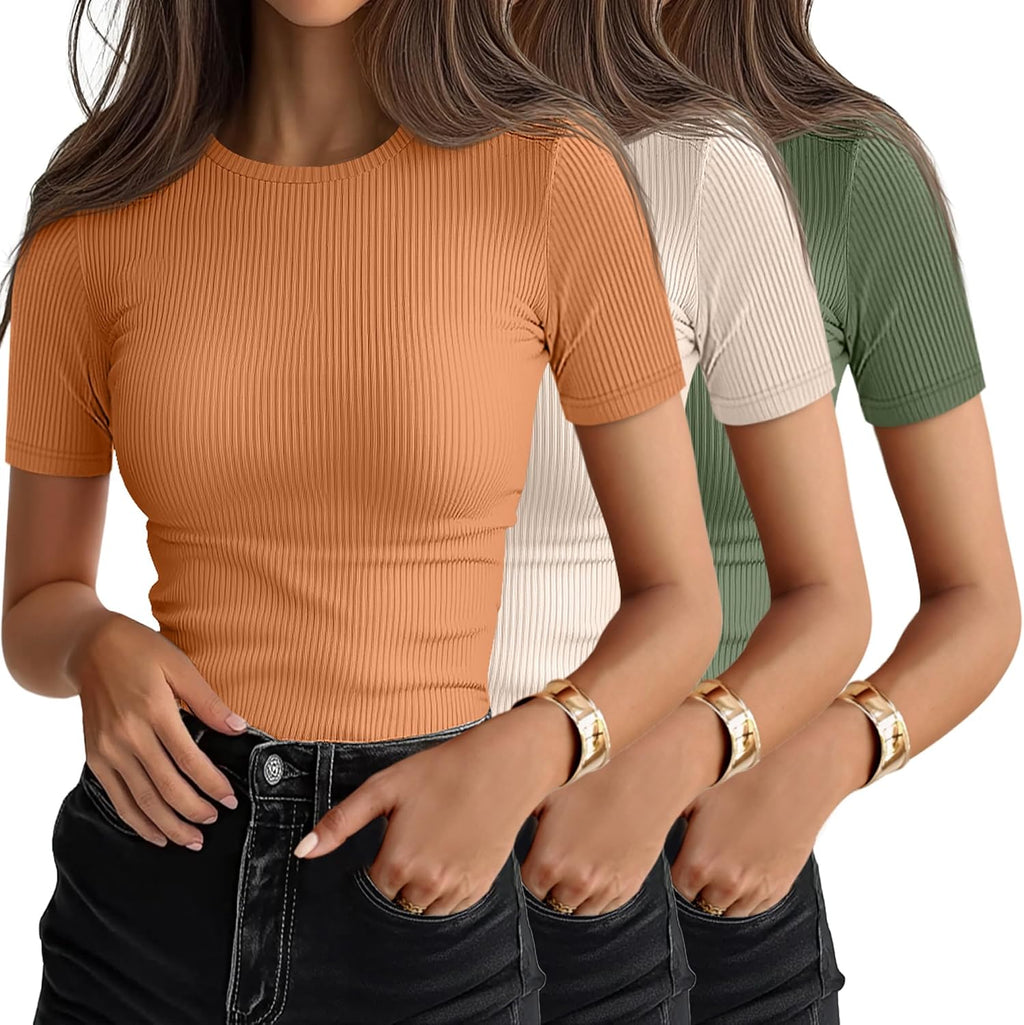 Women's Ribbed Cotton Tees 3 Pack - Crew Neck, Slim Fitted Short Sleeve Tops for Work and Weekends - XX-Large