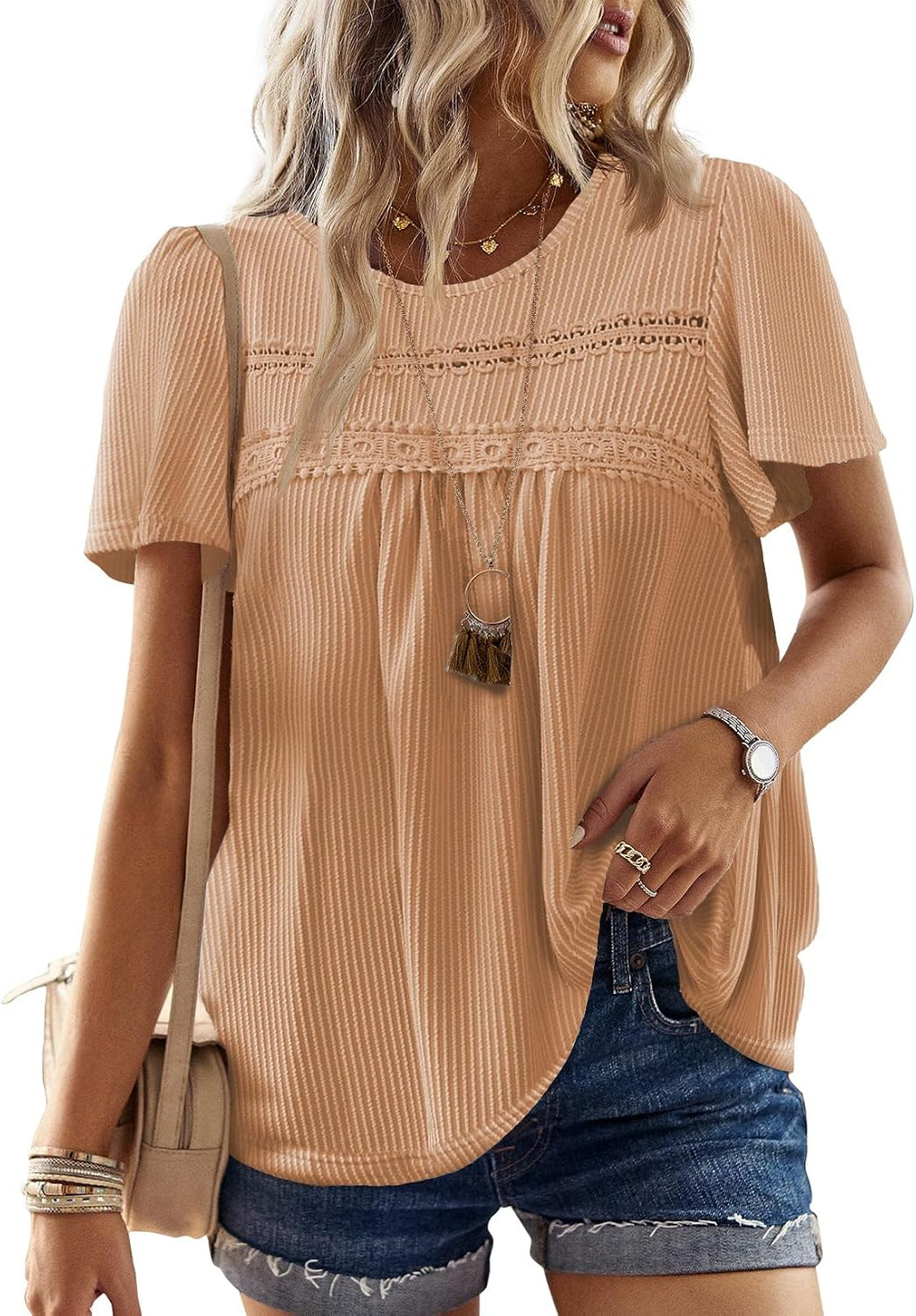 Women's Boho Ribbed Short Sleeve Top - Crochet Lace Trim, Flowy Loose Fit in Sizes XS to 5XL - Apricot