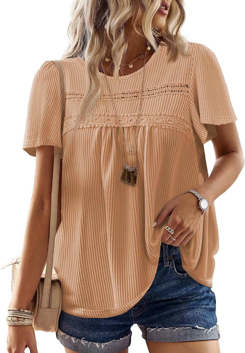 Women's Boho Ribbed Short Sleeve Top - Crochet Lace Trim, Flowy Loose Fit in Sizes XS to 5XL - Apricot