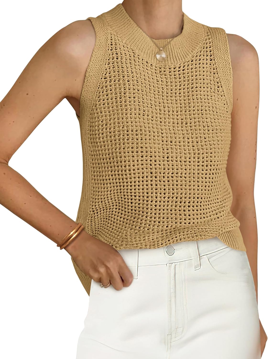 Women's Crochet Knit Tank Top - Crew Neck, Open Hollow Out Stitch, Sleeveless Sweater Vest for Resort Days - Small