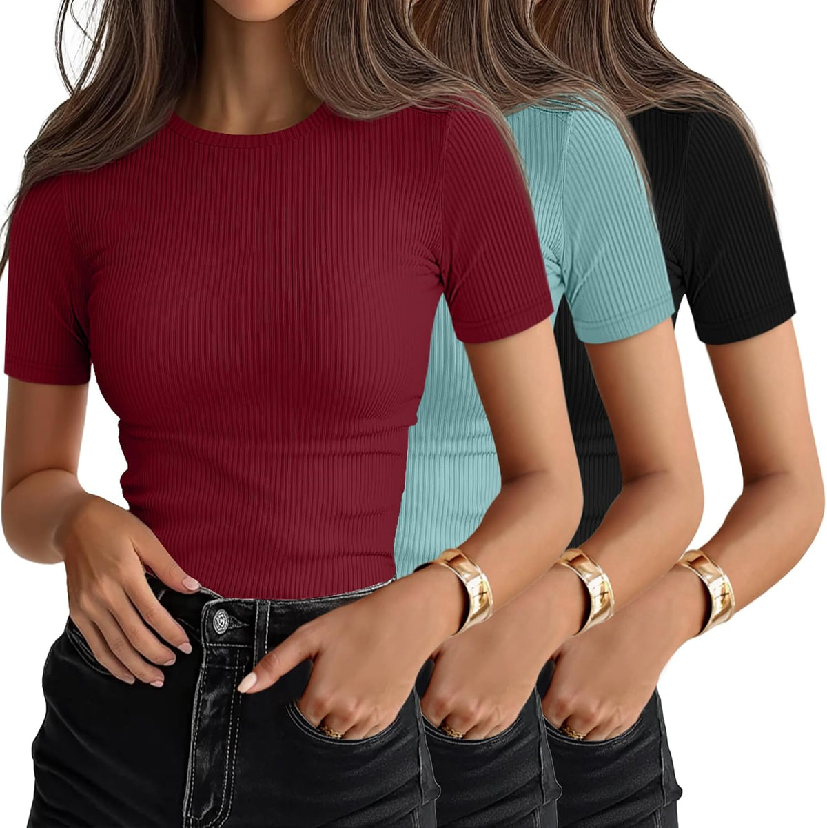 Women's Ribbed Cotton Tees 3 Pack - Crew Neck, Slim Fitted Short Sleeve Tops for Work and Weekends - Large