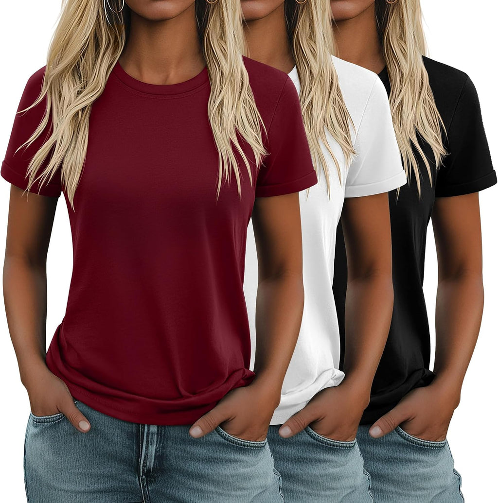 Women's Cotton Basic Tees 3 Pack - Crew Neck, Loose Fit Short Sleeve Tops for Daily and Gym Wear - Black, White, Dark Gr