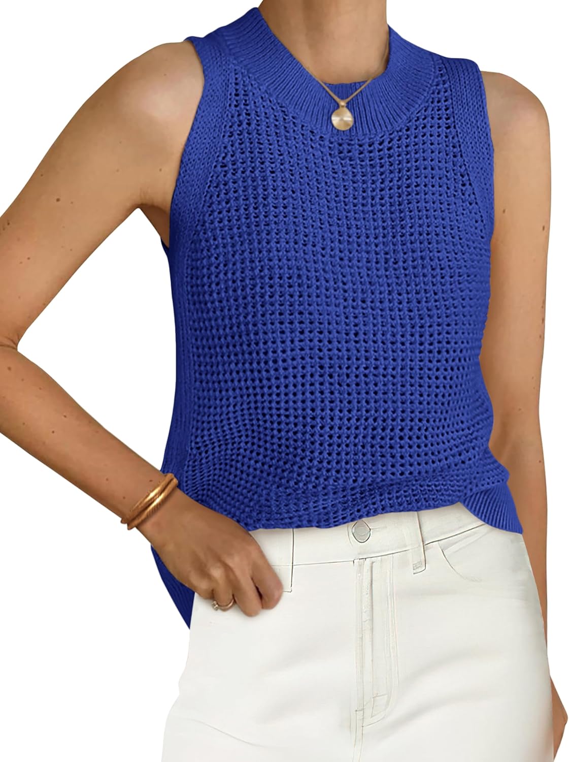 Women's Crochet Knit Tank Top - Crew Neck, Open Hollow Out Stitch, Sleeveless Sweater Vest for Resort Days - Medium