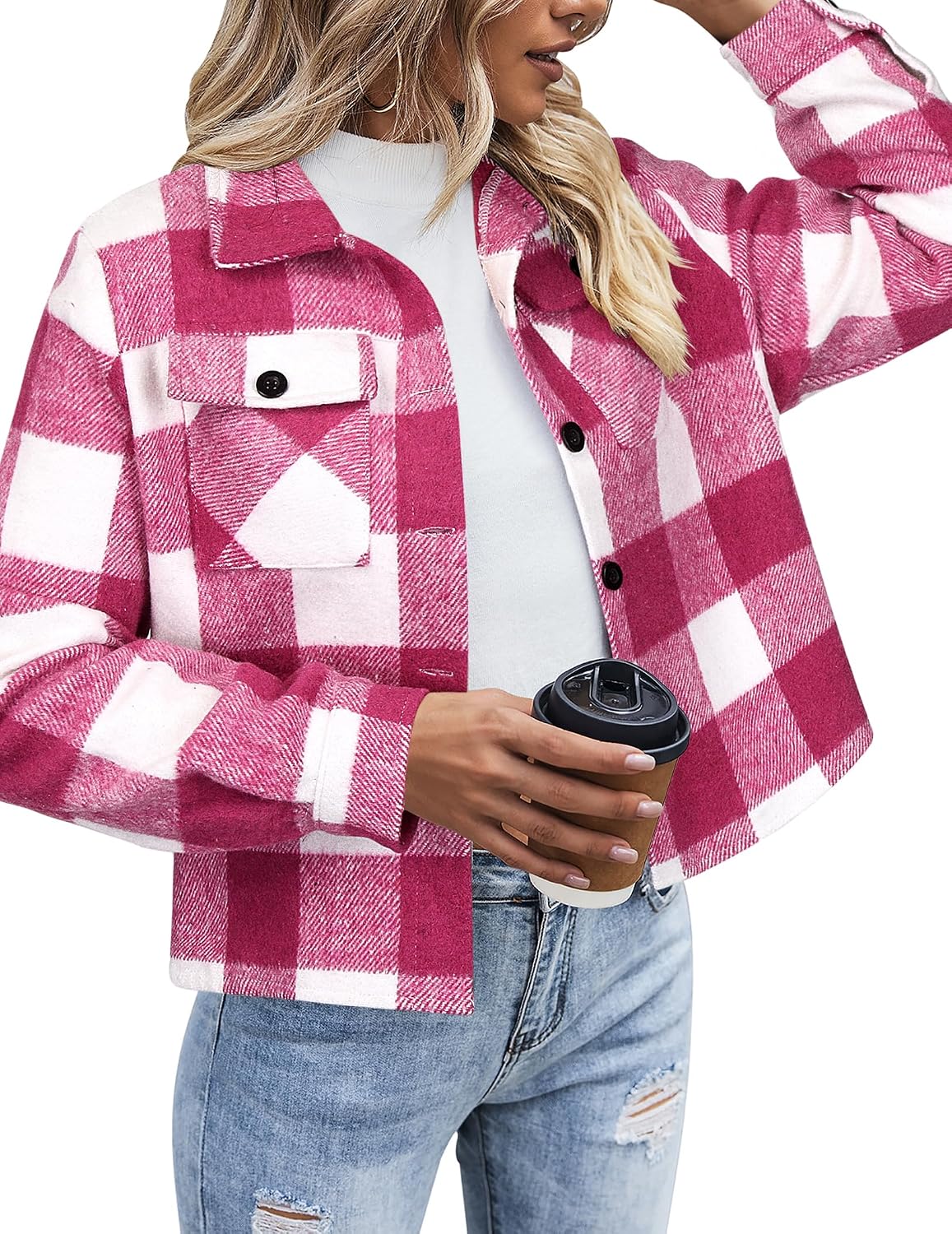 Women's Cropped Plaid Flannel Shacket - Button Down Shirt Jacket for Fall and Winter Layering - Large (30)