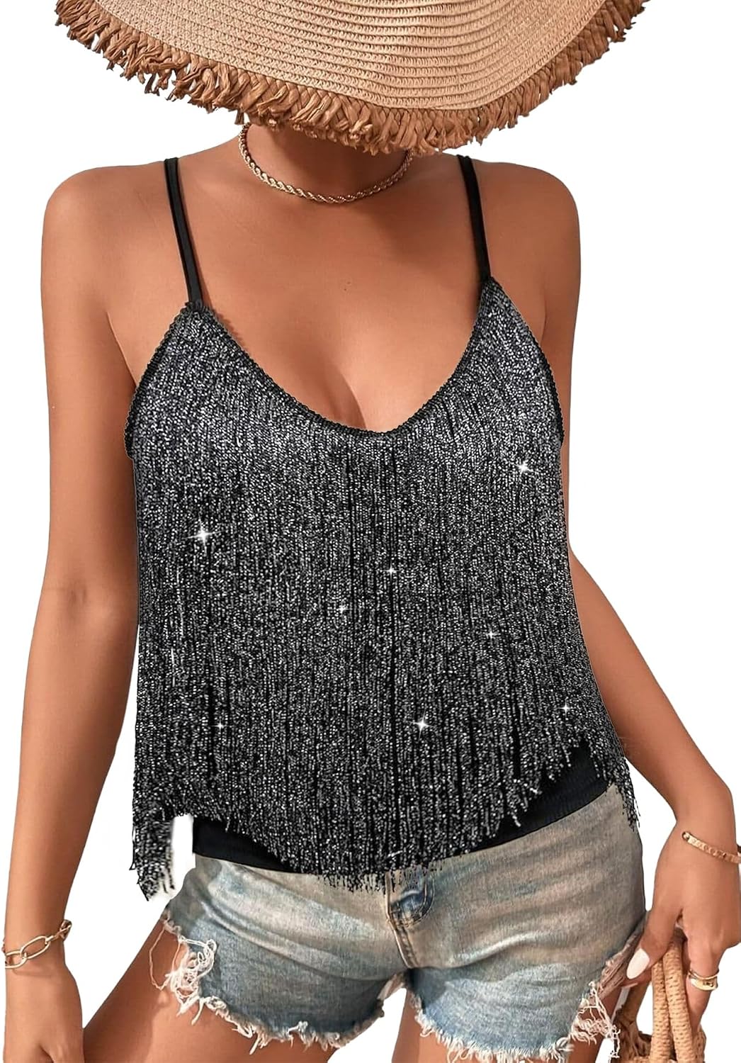 Women's Western Fringe Tank Top - Sleeveless, Tassel Hem, Country Concert and Rodeo Top for Festival Nights - Small