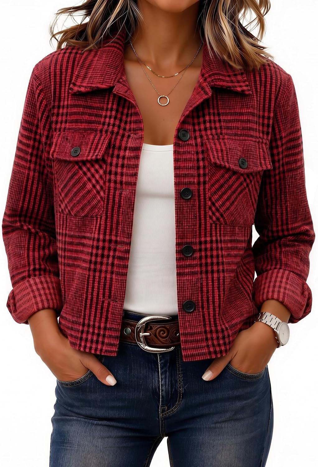 Women's Cropped Plaid Flannel Shacket - Button Down Shirt Jacket for Fall and Winter Layering - Medium