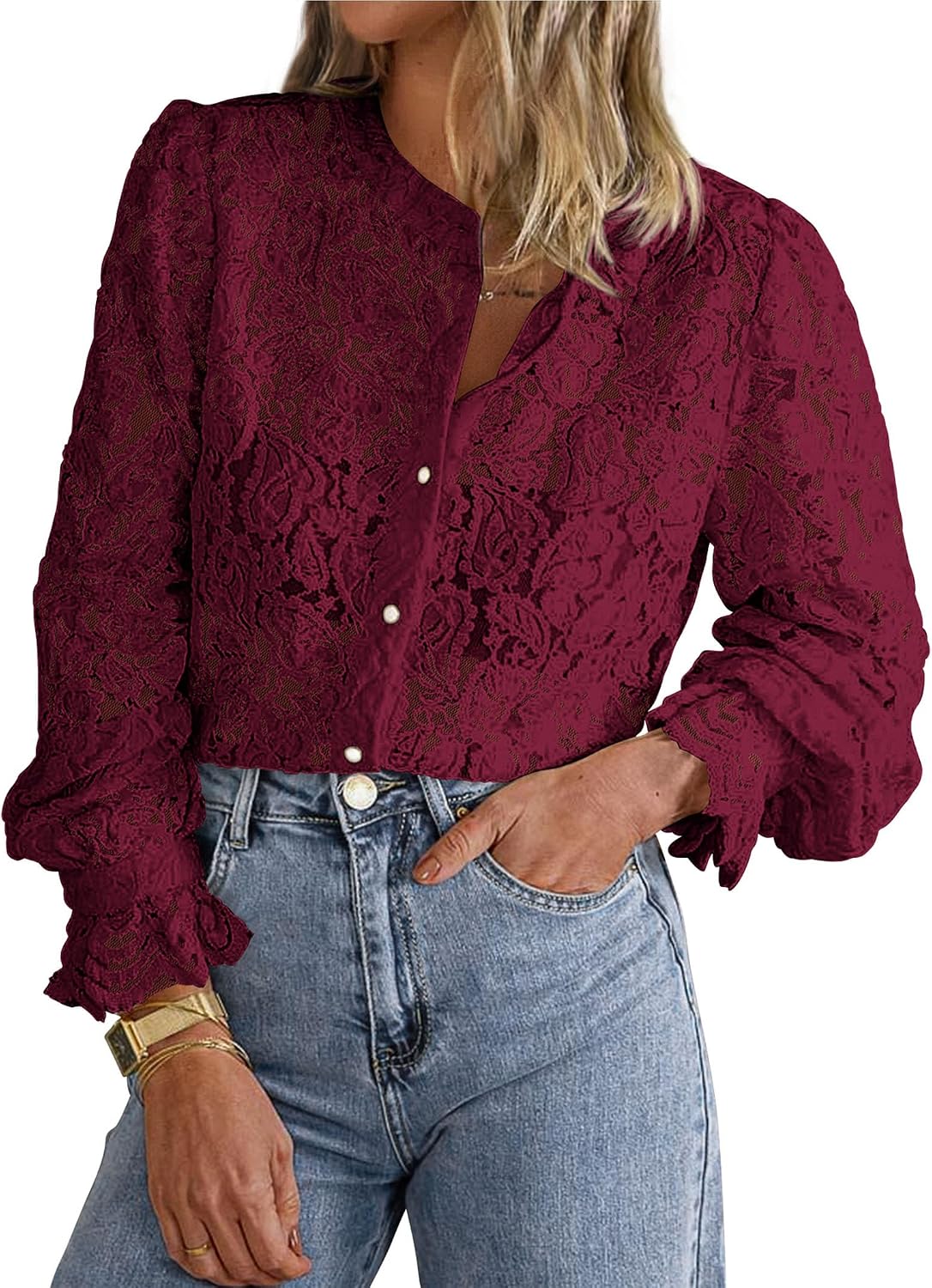 Women's Lace Button Down Blouse - Long Sleeves, Sheer Panels, Dressy Casual Top for Date Night and Travel - Small