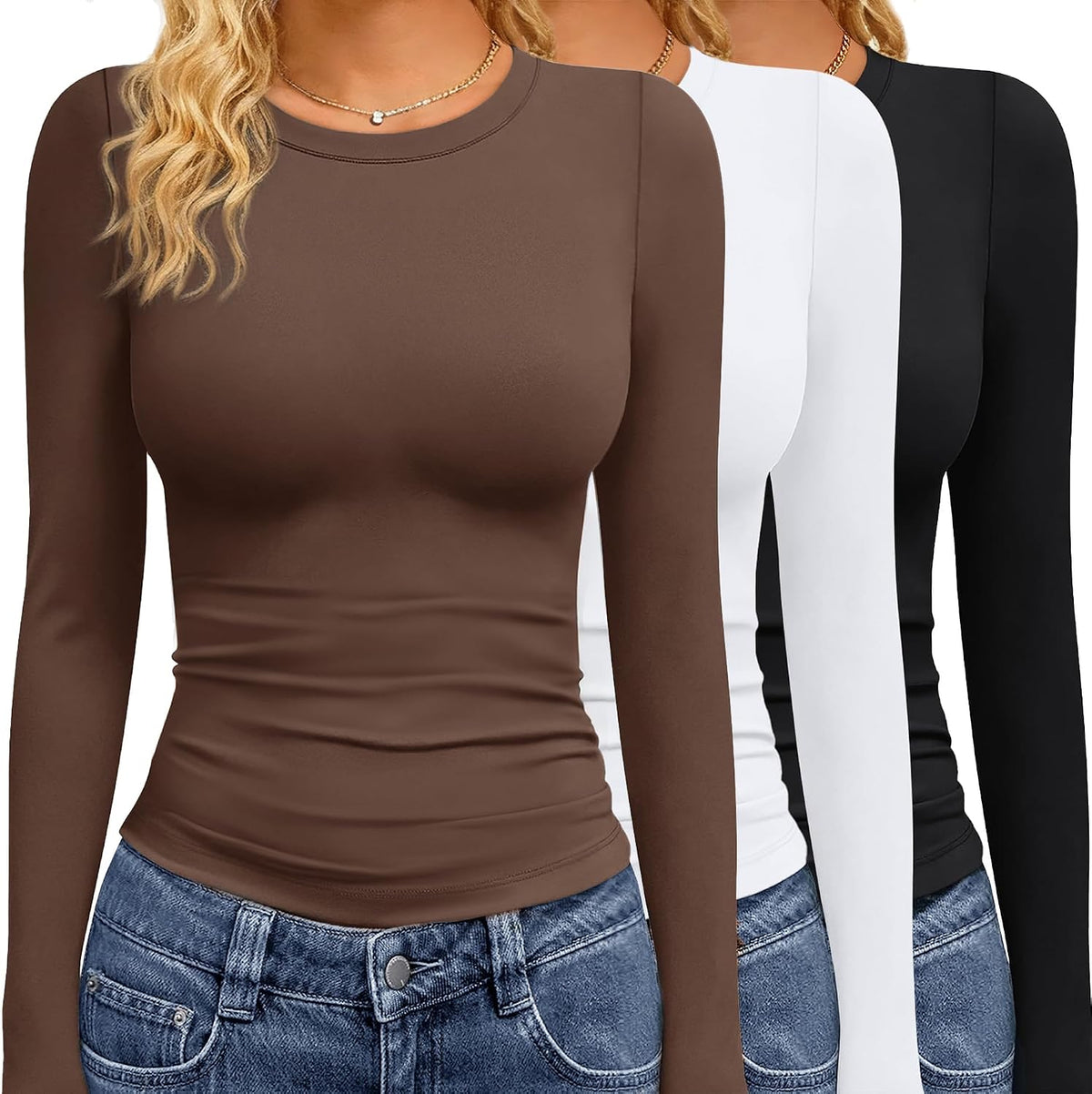 Women's Long Sleeve Tees 3 Pack - Crew Neck, Slim Stretch Fit, Wrinkle Resistant Tops for Office and Gym - Black,grey,na