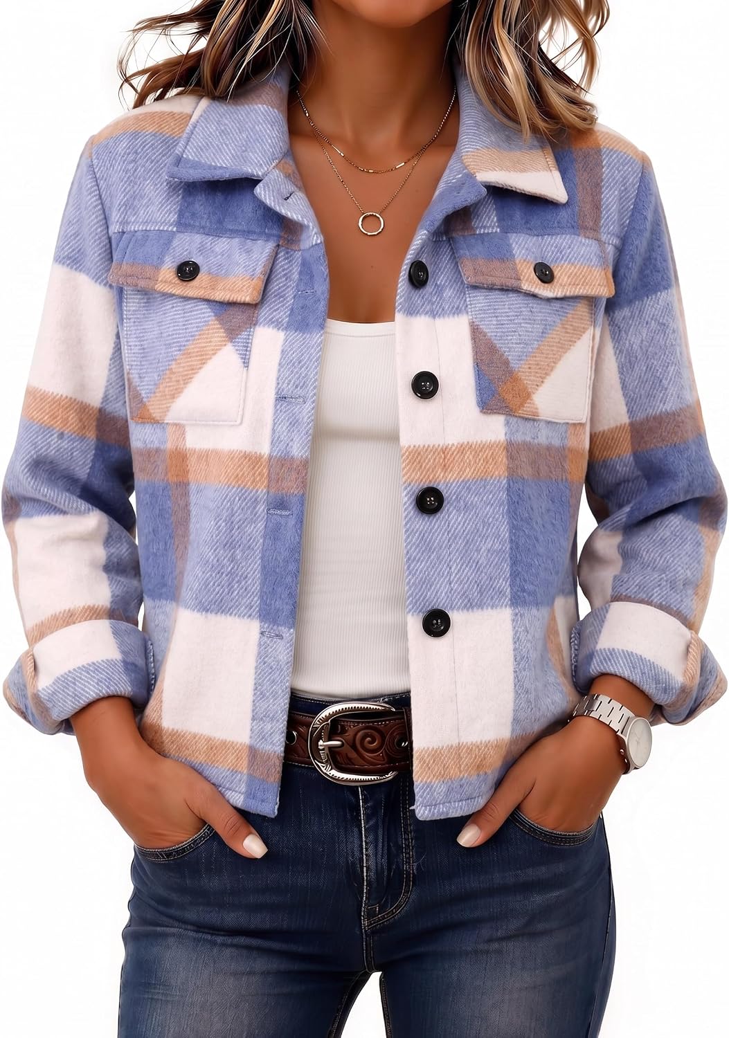 Women's Cropped Plaid Flannel Shacket - Button Down Shirt Jacket for Fall and Winter Layering - Large