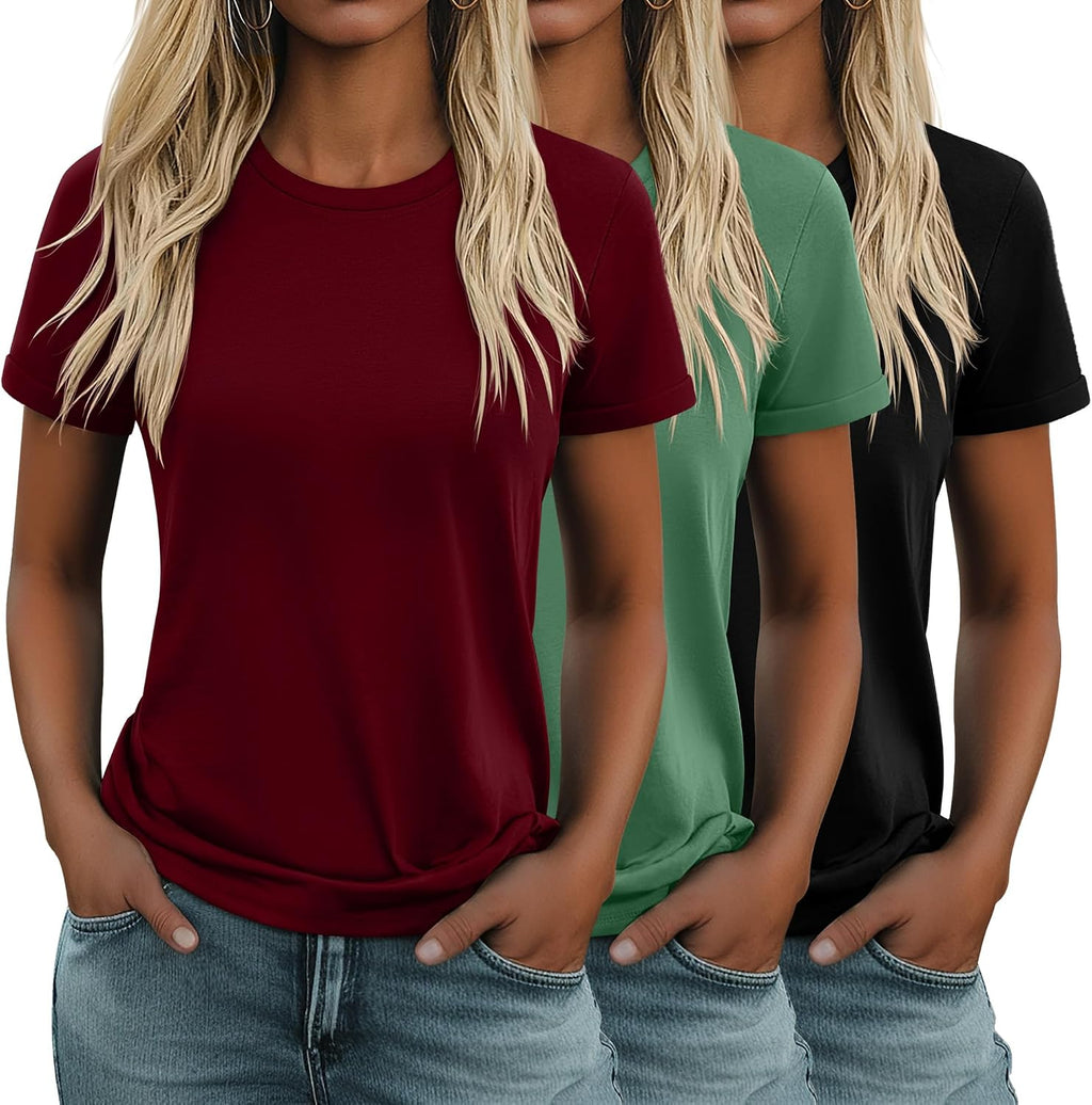 Women's Cotton Basic Tees 3 Pack - Crew Neck, Loose Fit Short Sleeve Tops for Daily and Gym Wear - Black, White, Khaki