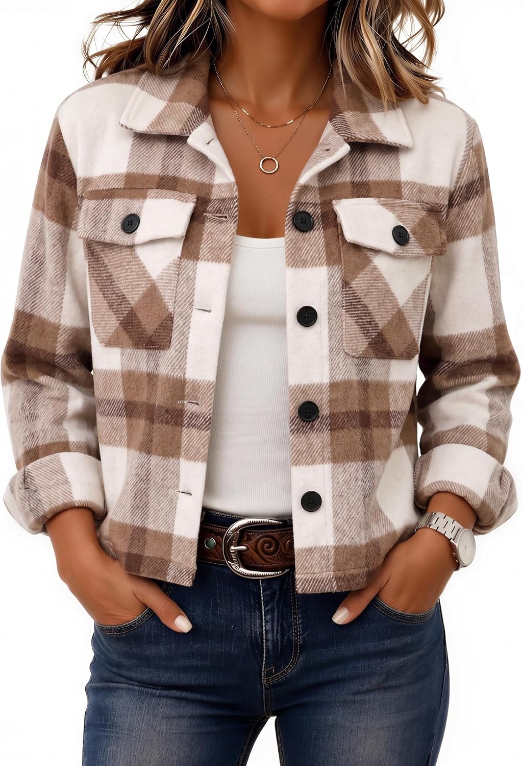 Women's Cropped Plaid Flannel Shacket - Button Down Shirt Jacket for Fall and Winter Layering - Large