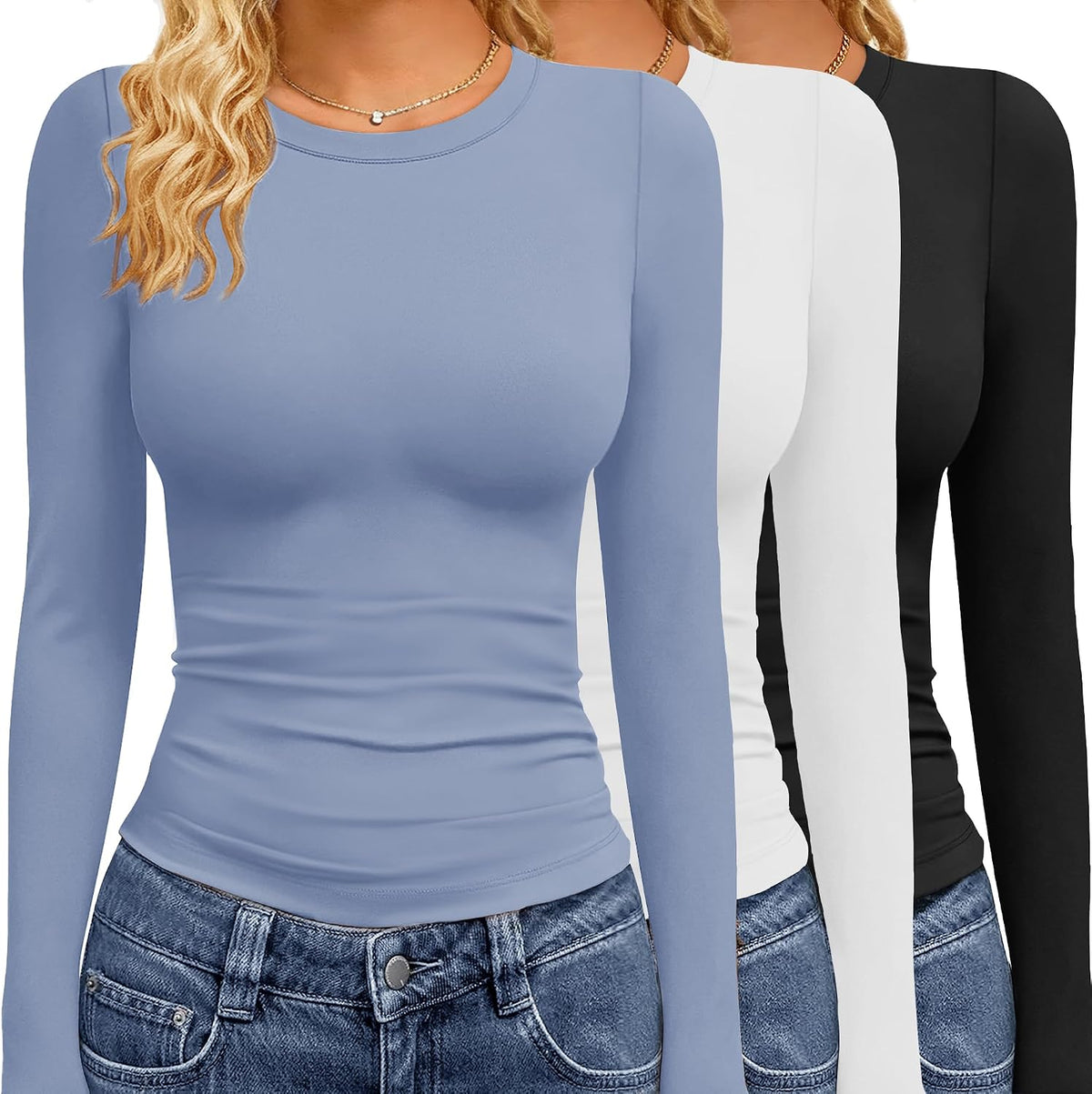 Women's Long Sleeve Tees 3 Pack - Crew Neck, Slim Stretch Fit, Wrinkle Resistant Tops for Office and Gym - Black,grey,na