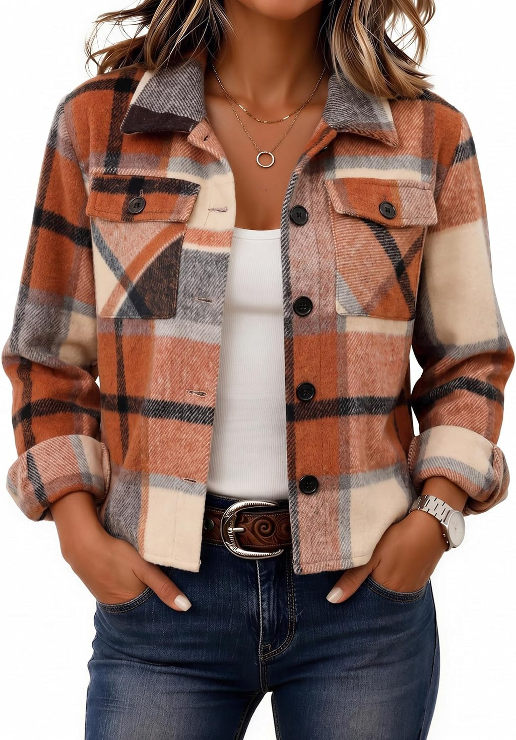 Women's Cropped Plaid Flannel Shacket - Button Down Shirt Jacket for Fall and Winter Layering - Large (29)