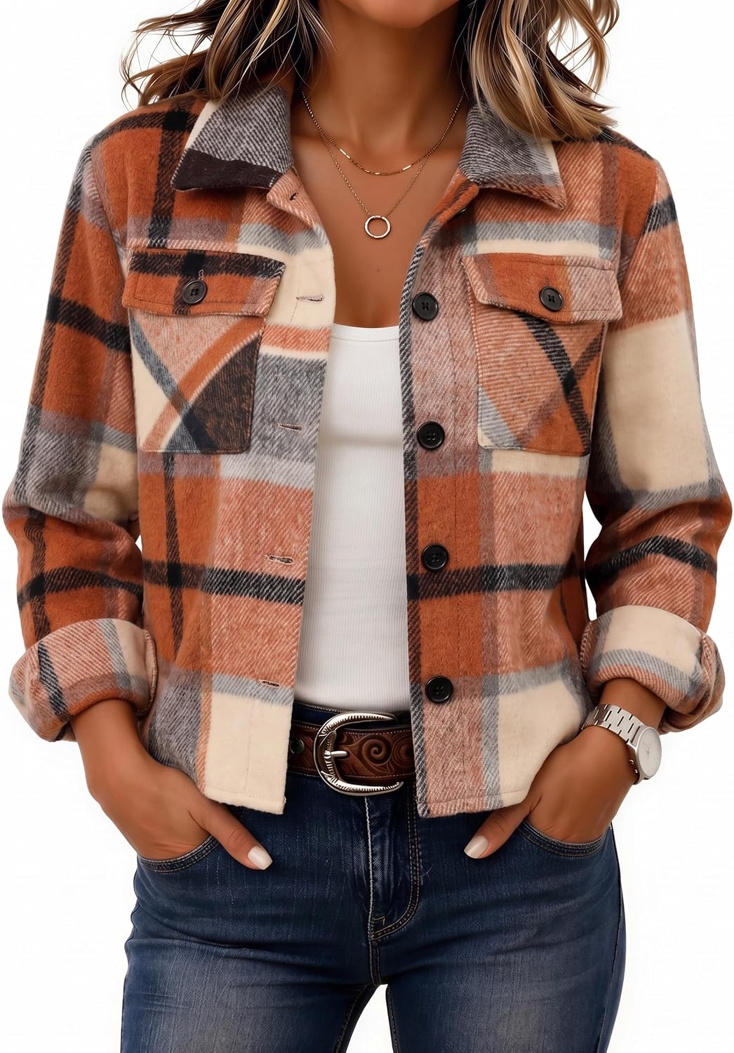 Women's Cropped Plaid Flannel Shacket - Button Down Shirt Jacket for Fall and Winter Layering - Large (29)