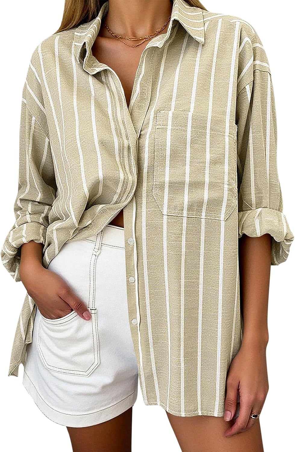 Women's Oversized Linen Blend Shirt - Striped, Long Sleeve Button Down with a Chest Pocket for Beach Days - Small