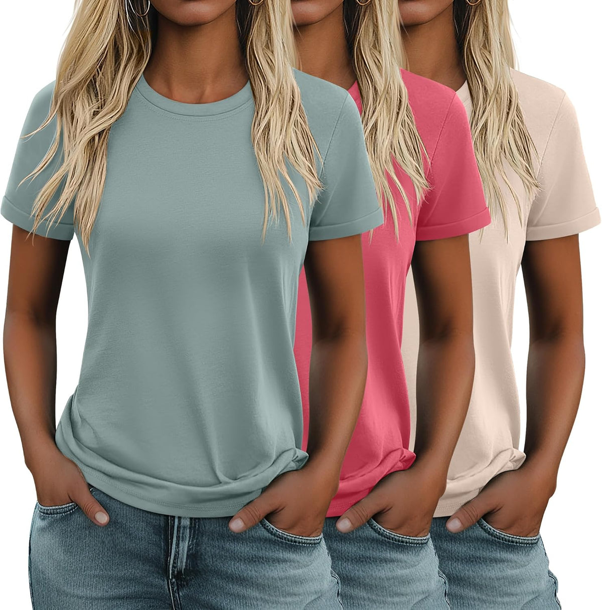 Women's Cotton Basic Tees 3 Pack - Crew Neck, Loose Fit Short Sleeve Tops for Daily and Gym Wear - Black, White, Brown