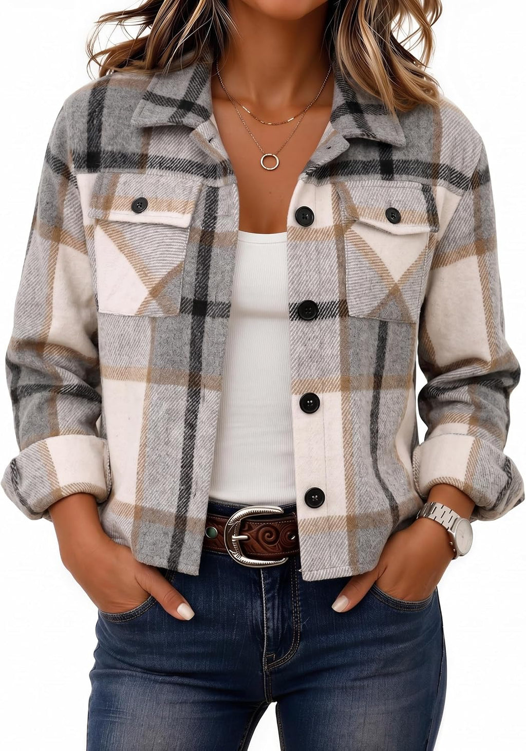 Women's Cropped Plaid Flannel Shacket - Button Down Shirt Jacket for Fall and Winter Layering - Large (31)