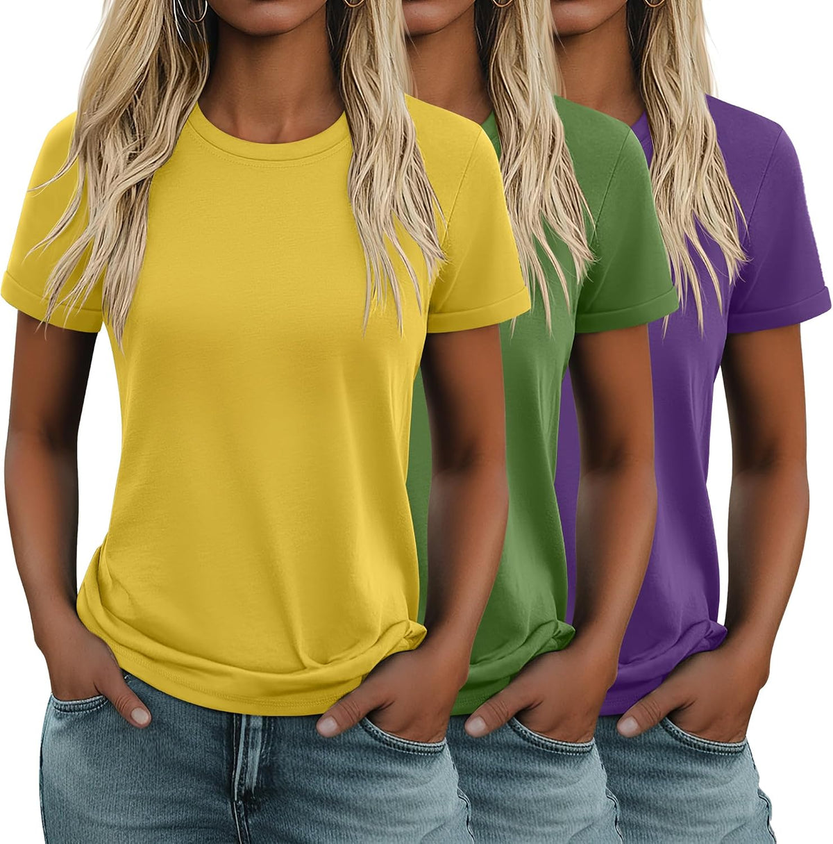 Women's Cotton Basic Tees 3 Pack - Crew Neck, Loose Fit Short Sleeve Tops for Daily and Gym Wear - Black, White, Light K