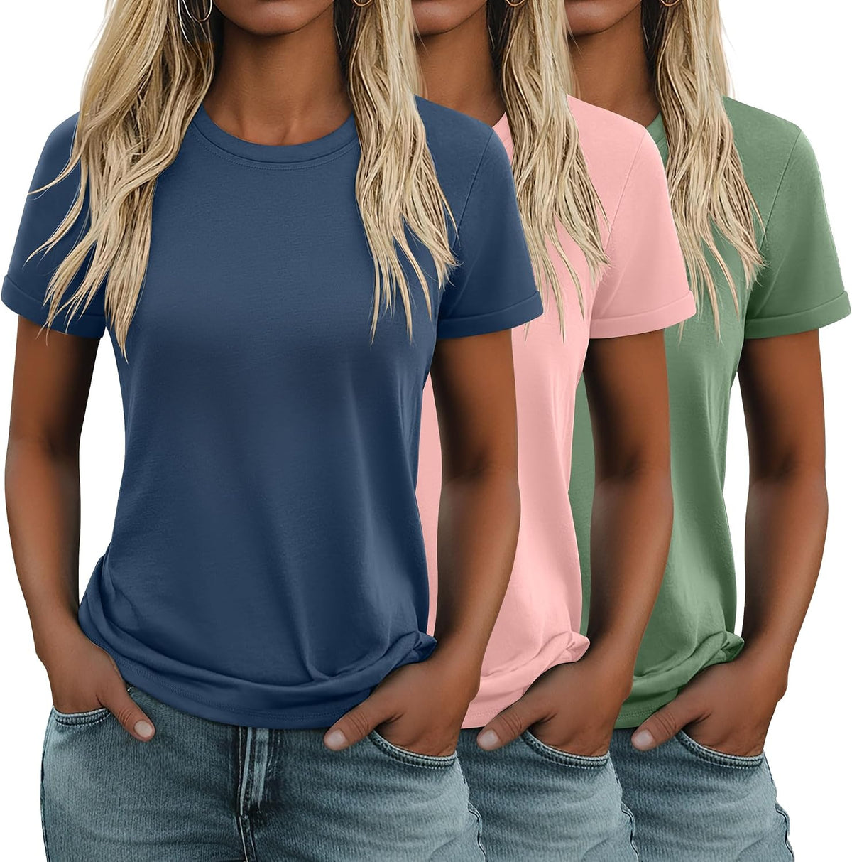 Women's Cotton Basic Tees 3 Pack - Crew Neck, Loose Fit Short Sleeve Tops for Daily and Gym Wear - Black, Coffee, Dark G