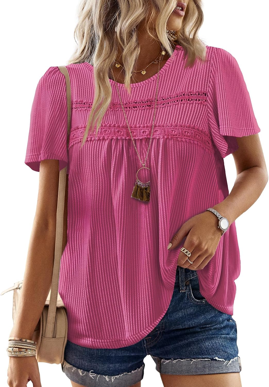 Women's Boho Ribbed Short Sleeve Top - Crochet Lace Trim, Flowy Loose Fit in Sizes XS to 5XL - Black
