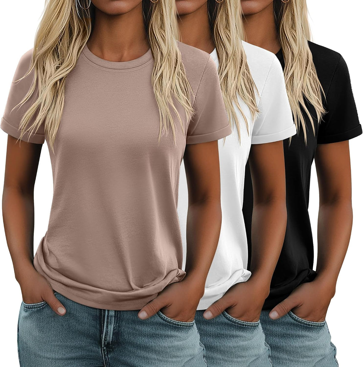 Women's Cotton Basic Tees 3 Pack - Crew Neck, Loose Fit Short Sleeve Tops for Daily and Gym Wear - Black, Coffee, Dark G
