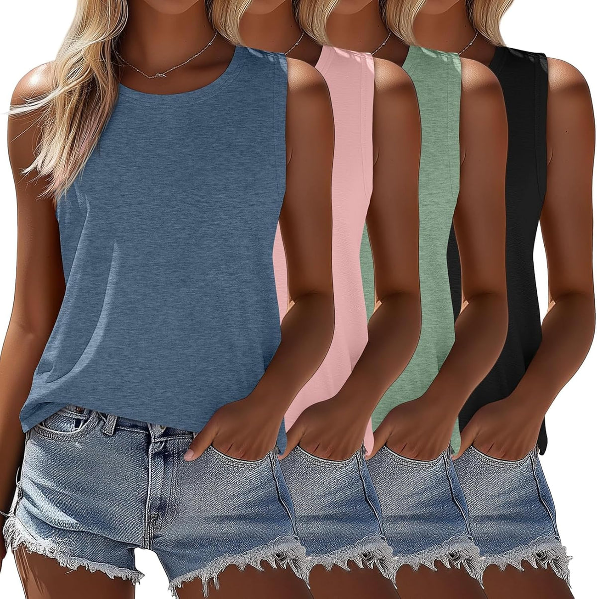 Women's Sleeveless Tunic Tanks 4 Pack - Crew Neck, Split Side Hem, Loose Flowy Tops for Summer Wear - Small