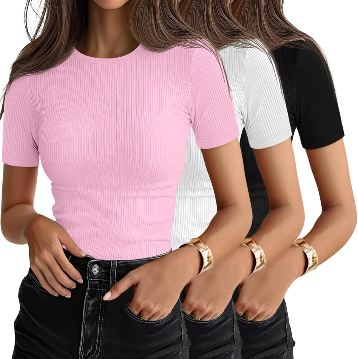 Women's Ribbed Cotton Tees 3 Pack - Crew Neck, Slim Fitted Short Sleeve Tops for Work and Weekends - Large
