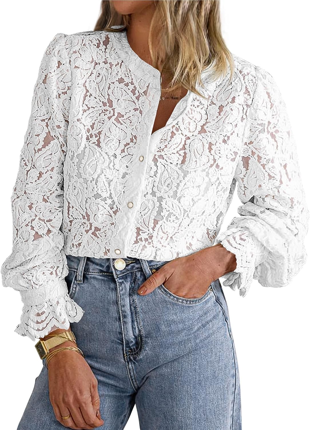 Women's Lace Button Down Blouse - Long Sleeves, Sheer Panels, Dressy Casual Top for Date Night and Travel - Small