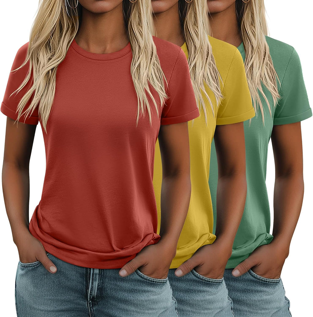 Women's Cotton Basic Tees 3 Pack - Crew Neck, Loose Fit Short Sleeve Tops for Daily and Gym Wear - Black, Cream, Rose Re