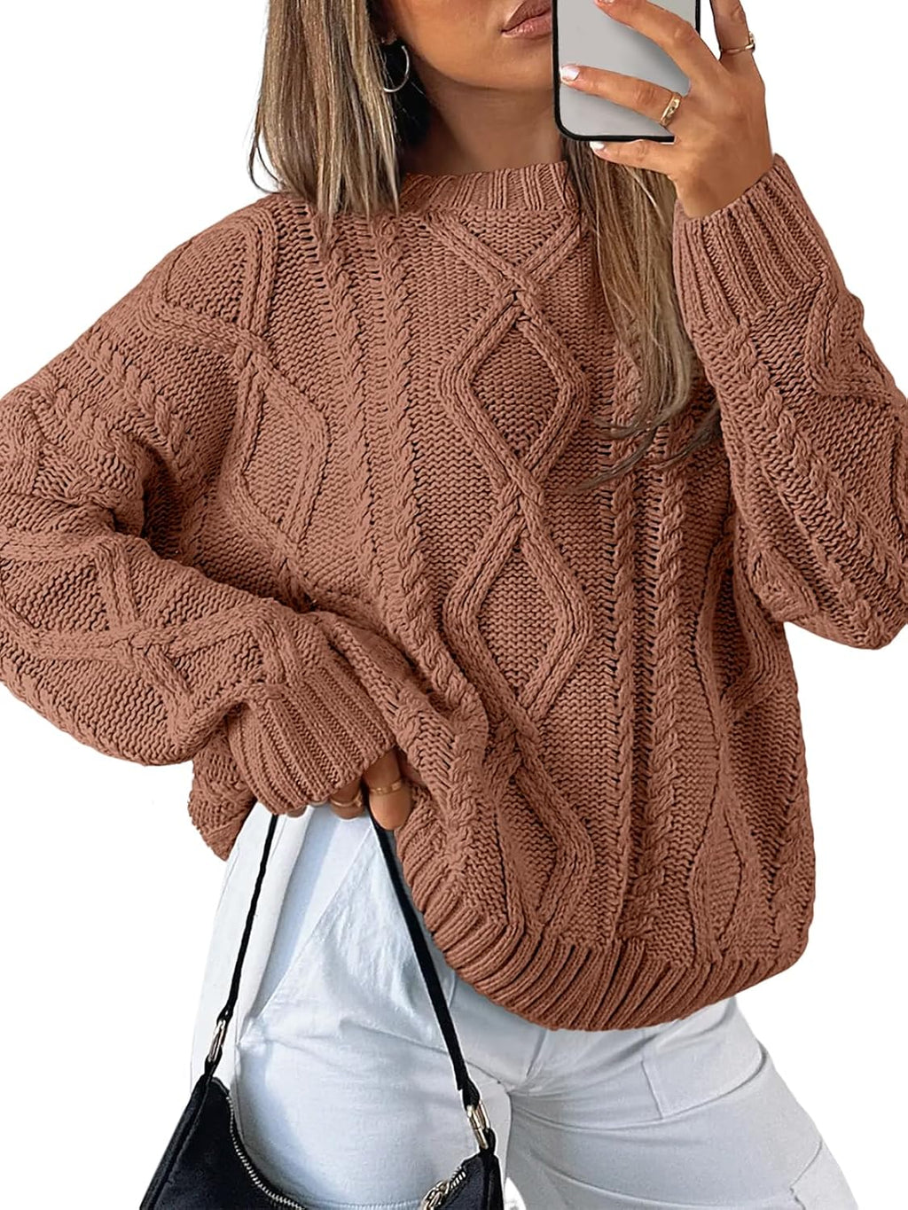 Women's Oversized Cable Knit Sweater - Chunky Knit Texture, Drop Shoulders, Pullover for Fall Layering - Medium
