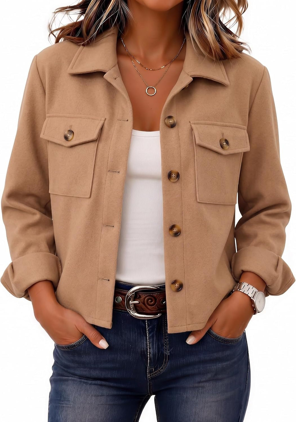 Women's Cropped Plaid Flannel Shacket - Button Down Shirt Jacket for Fall and Winter Layering - Small (12)
