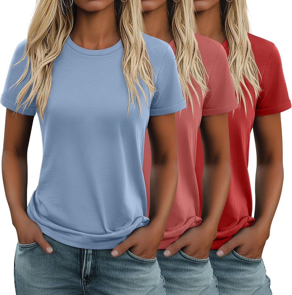 Women's Cotton Basic Tees 3 Pack - Crew Neck, Loose Fit Short Sleeve Tops for Daily and Gym Wear - Black, White, Gray
