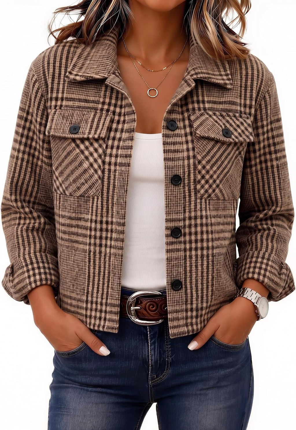 Women's Cropped Plaid Flannel Shacket - Button Down Shirt Jacket for Fall and Winter Layering - Small
