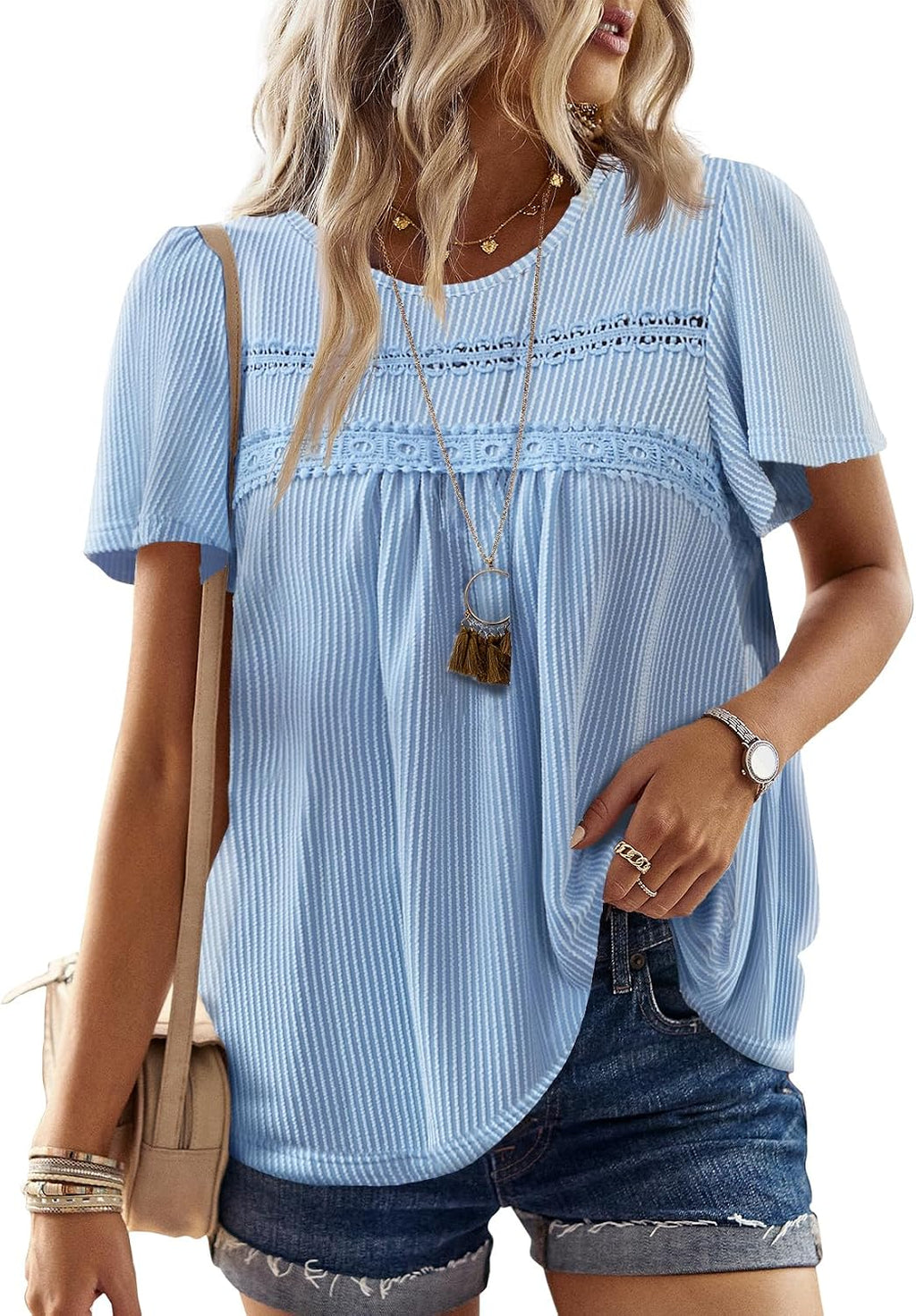 Women's Boho Ribbed Short Sleeve Top - Crochet Lace Trim, Flowy Loose Fit in Sizes XS to 5XL - Black (14)