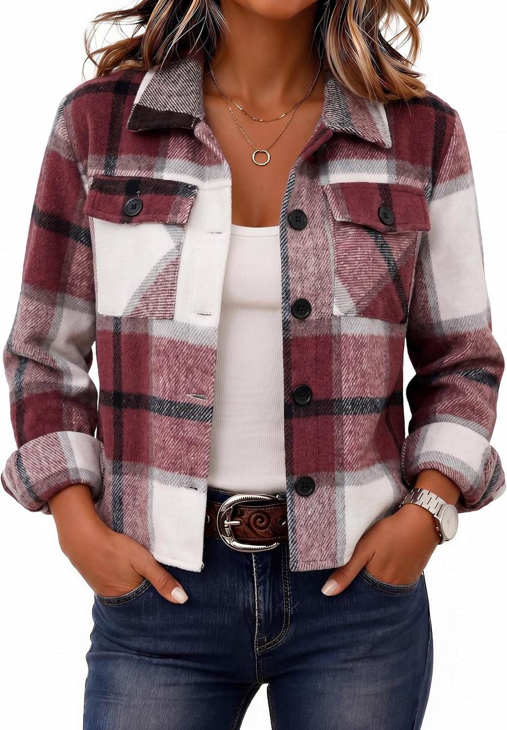 Women's Cropped Plaid Flannel Shacket - Button Down Shirt Jacket for Fall and Winter Layering - Large (27)