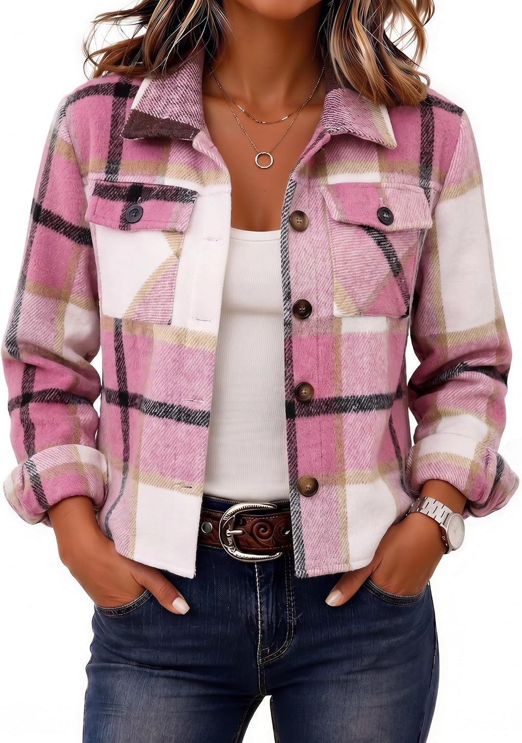 Women's Cropped Plaid Flannel Shacket - Button Down Shirt Jacket for Fall and Winter Layering - Small (13)
