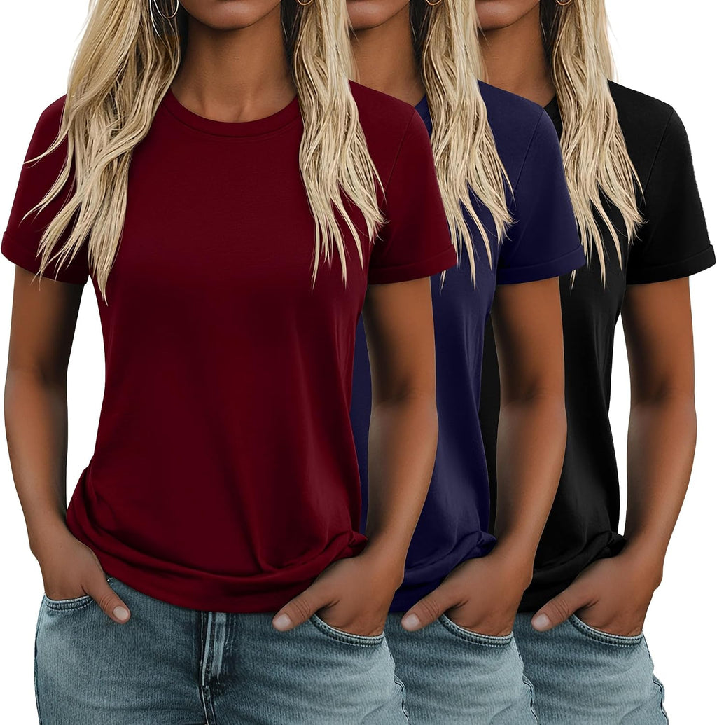 Women's Cotton Basic Tees 3 Pack - Crew Neck, Loose Fit Short Sleeve Tops for Daily and Gym Wear - Black, Cream, Rose Re