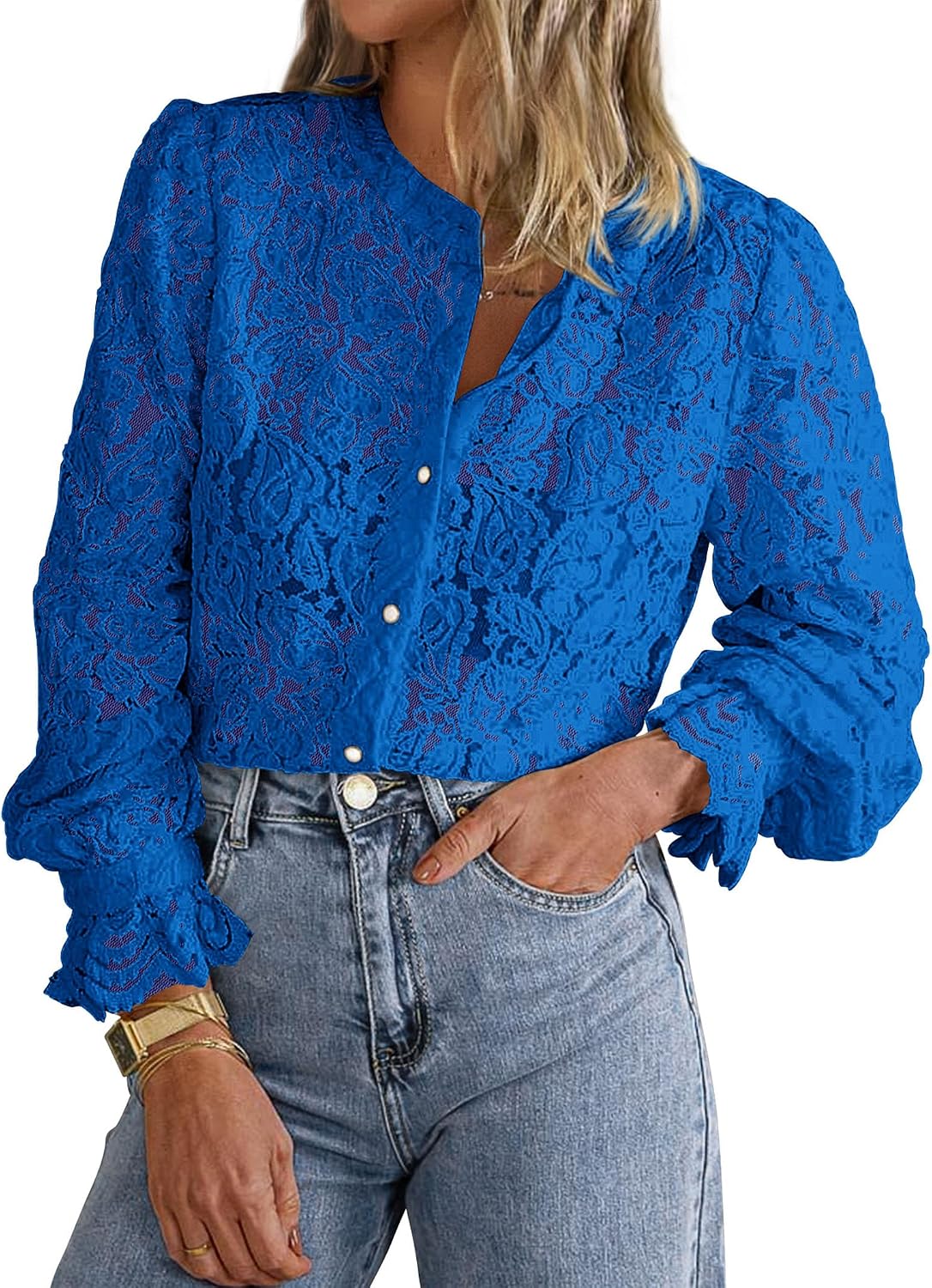 Women's Lace Button Down Blouse - Long Sleeves, Sheer Panels, Dressy Casual Top for Date Night and Travel - Small