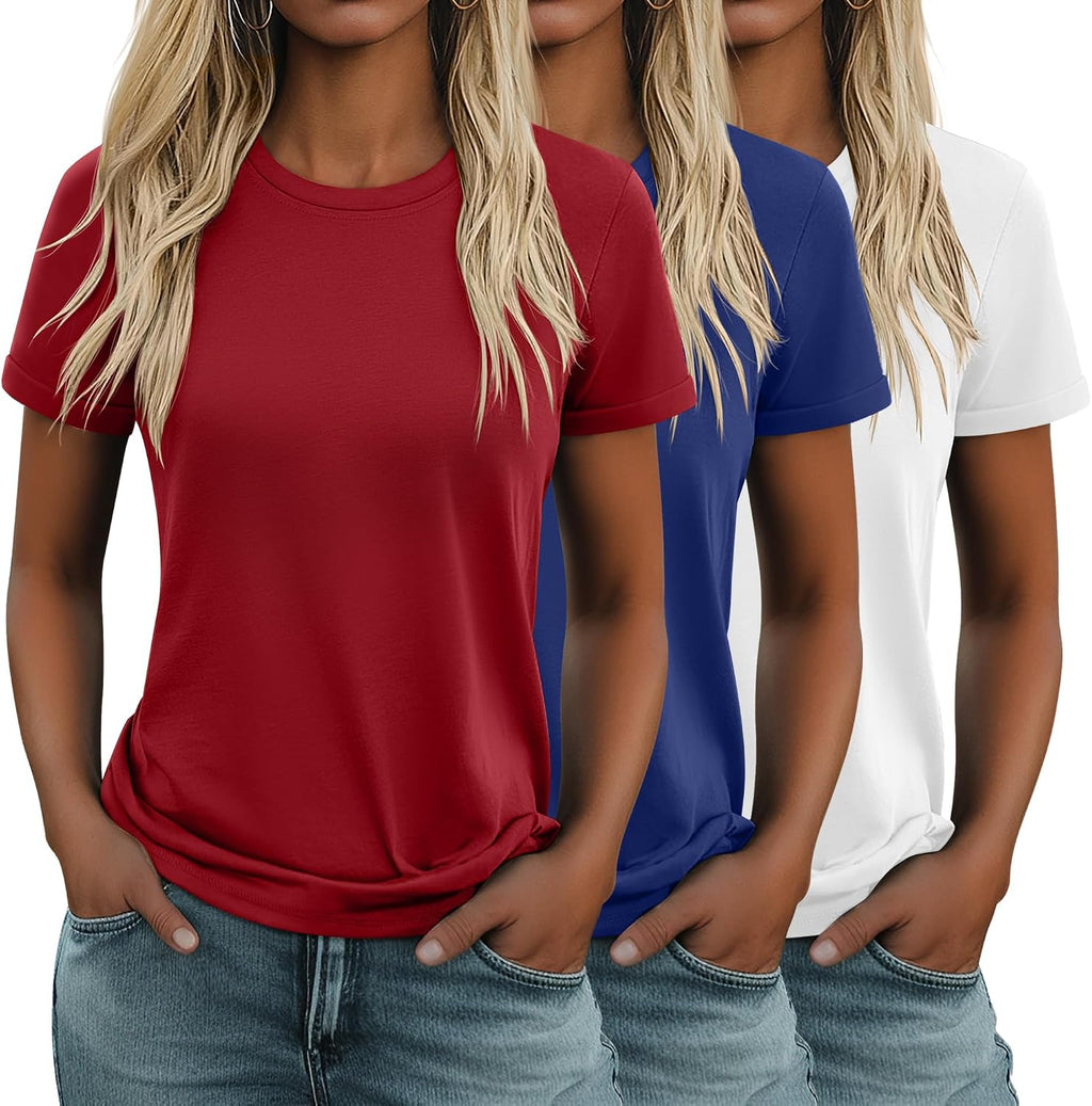 Women's Cotton Basic Tees 3 Pack - Crew Neck, Loose Fit Short Sleeve Tops for Daily and Gym Wear - Black, White, Dark Gr