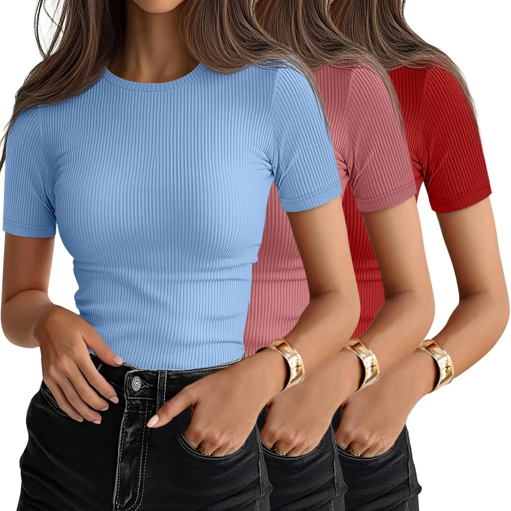 Women's Ribbed Cotton Tees 3 Pack - Crew Neck, Slim Fitted Short Sleeve Tops for Work and Weekends - Medium