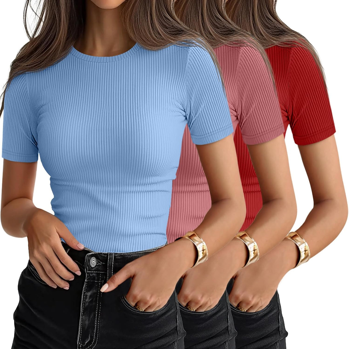 Women's Ribbed Cotton Tees 3 Pack - Crew Neck, Slim Fitted Short Sleeve Tops for Work and Weekends - Medium